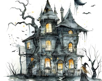 10 Haunted House Clipart, Witch House Printable, Printable Watercolor clipart, High Quality PNG/JPG, Digital download, Paper craft, journals