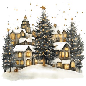 8 Clipart del villaggio di Natale, biglietto di Natale, clipart acquerello stampabile, JPG di alta qualità, download digitale, artigianato di carta, diario spazzatura