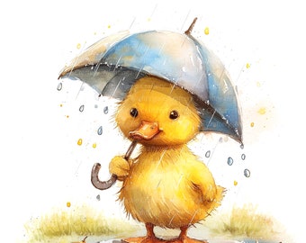 10 Duckling In Rain Clipart, Duckling Rainy, Printable Watercolor clipart, High Quality JPG, Digital download, Paper craft, junk journals