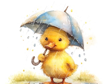 10 Duckling In Rain Clipart, Duckling Rainy, Printable Watercolor clipart, High Quality JPG, Digital download, Paper craft, junk journals