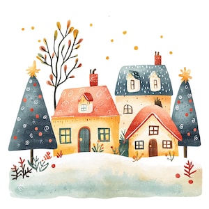 9 Dorf Clipart, wunderliches Weihnachtsdorf, druckbare Aquarell Clipart, hochwertige PNG / JPGs, digitaler Download, Papiermodell, Journal