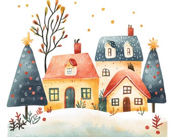 9 Village Clipart, Whimsical Christmas Village, Printable Watercolor clipart, High Quality PNG/JPGs, Digital download, Paper craft, journal