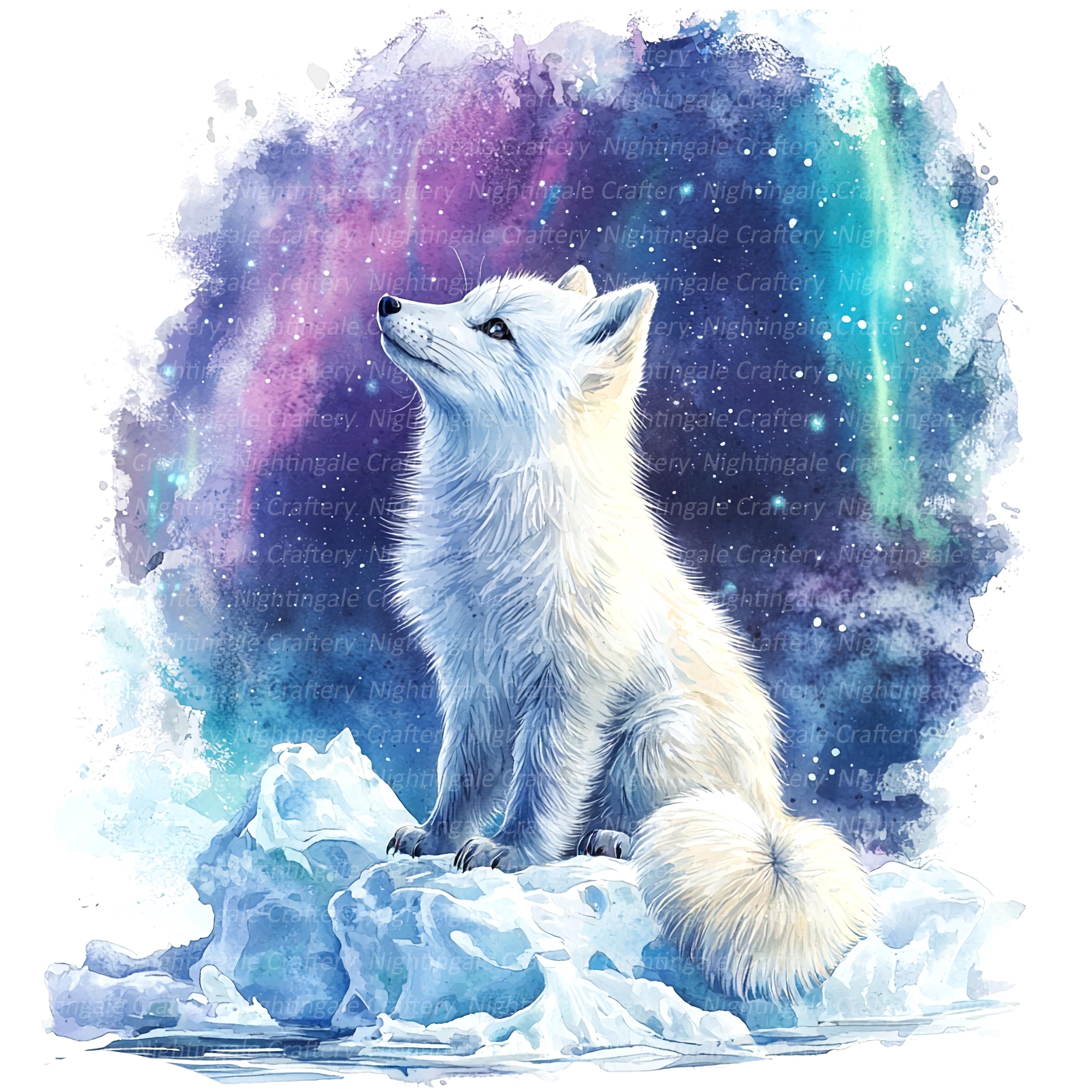 10 Polar Fox Clipart, Northern Lights Print, Printable Watercolor