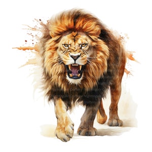 Puede incluir: Una pintura de acuarela de un le&oacute;n con una expresi&oacute;n feroz. El le&oacute;n camina hacia el espectador con la boca abierta, mostrando sus dientes. El fondo es de color marr&oacute;n claro con salpicaduras de pintura naranja.