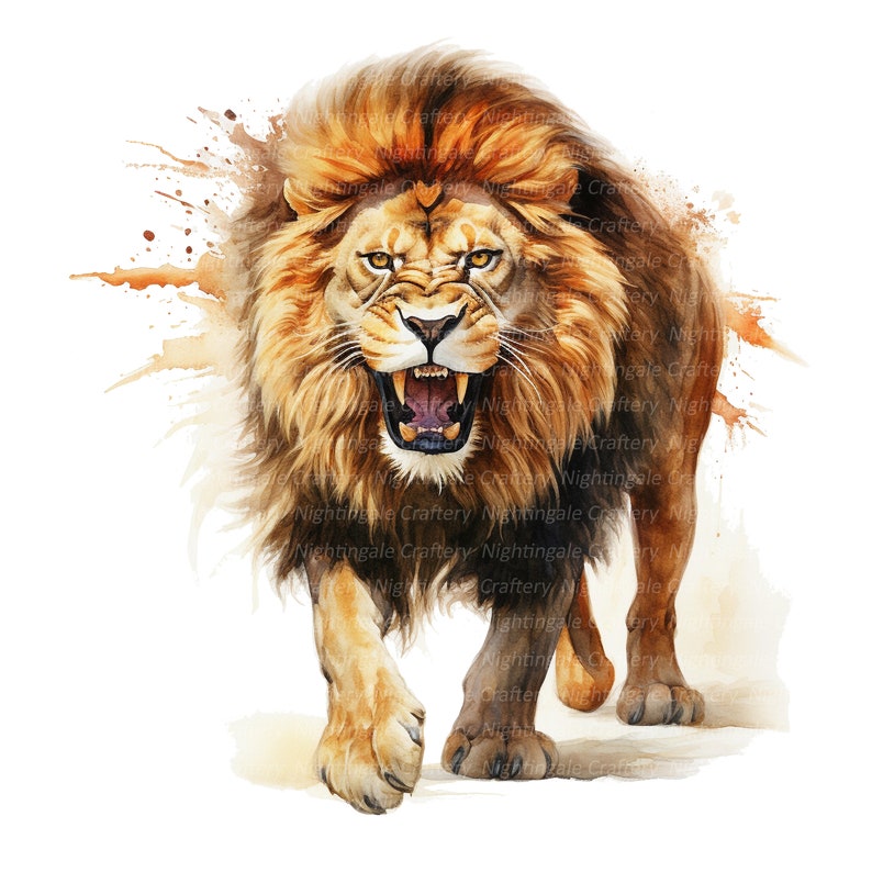 Puede incluir: Una pintura de acuarela de un le&oacute;n con una expresi&oacute;n feroz. El le&oacute;n camina hacia el espectador con la boca abierta, mostrando sus dientes. El fondo es de color marr&oacute;n claro con salpicaduras de pintura naranja.
