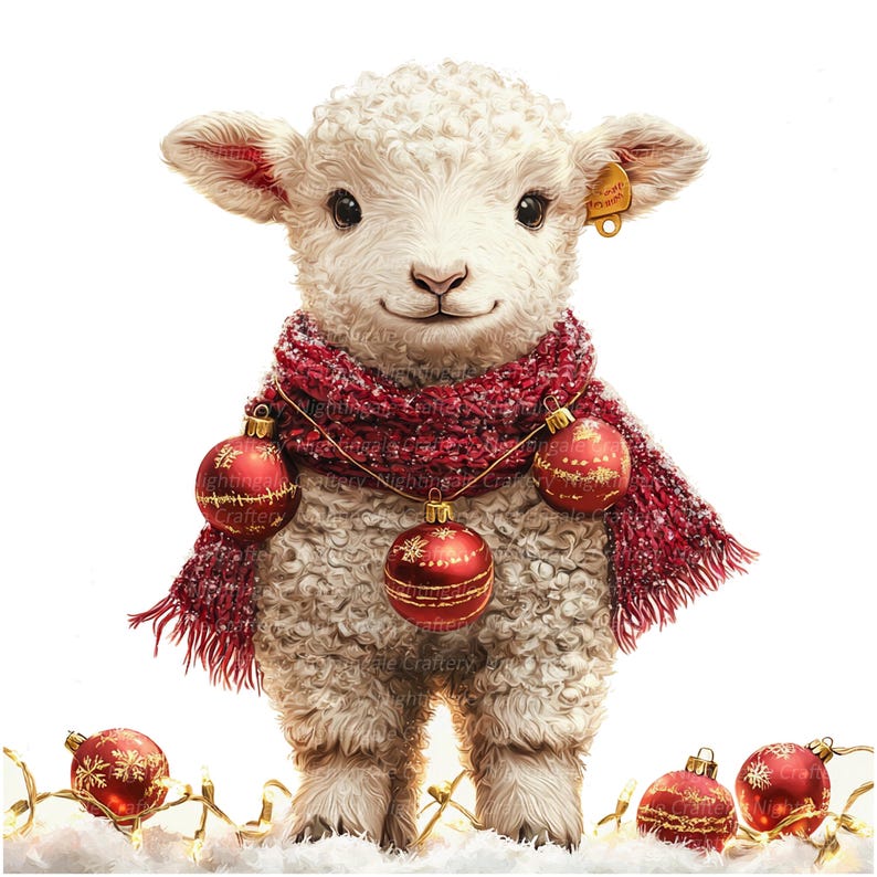 May include: A cute lamb wearing a red scarf and a necklace of red Christmas ornaments. The lamb has fluffy white wool and a smiling expression. The image has a festive holiday theme.