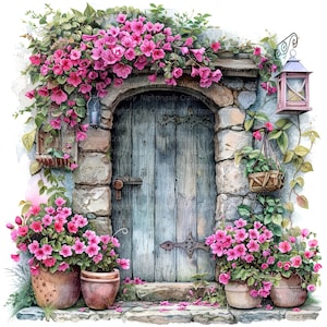 12 cliparts vintage de portes florales, vieilles portes, clipart aquarelle imprimable, JPG/PNG de haute qualité, téléchargement numérique, créations en papier, journaux indésirables