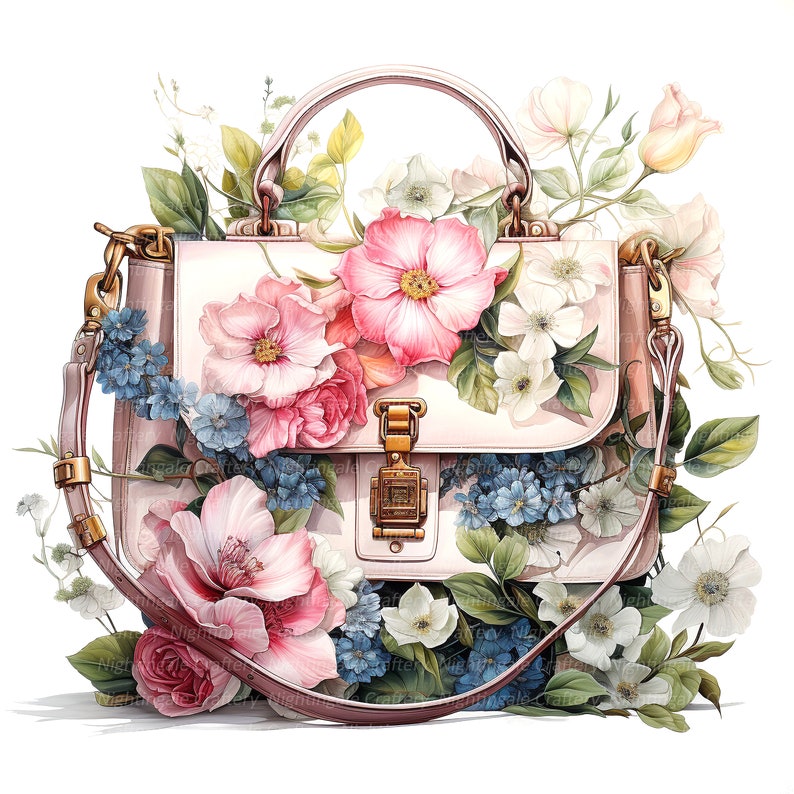 May include: A white leather handbag with a gold clasp and a long strap. The bag is decorated with pink, white, and blue flowers.