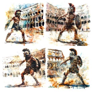 Op de afbeelding: Vier aquarellen die gladiatoren in het Colosseum afbeelden. Elk schilderij toont een andere gladiator in een vechtpose, met een schild en een zwaard. Het Colosseum is afgebeeld op de achtergrond van elk schilderij.