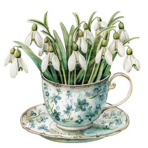 10 perce-neige dans des cliparts de tasse de thé, tasse de thé florale, clipart aquarelle imprimable, JPG de haute qualité, téléchargement numérique, créations en papier, journal de bordel