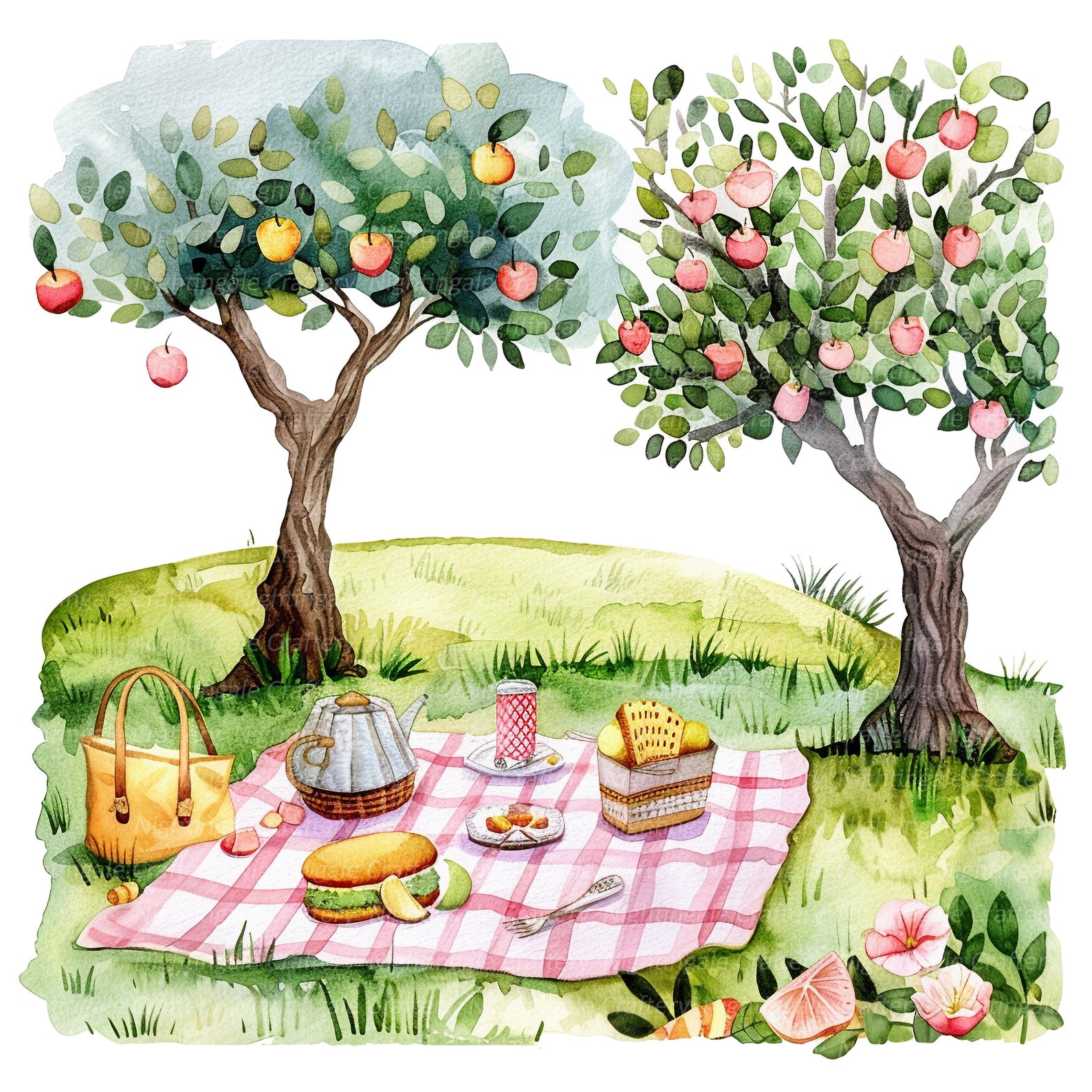 Spring Picnic Graphics 11 Spring Picnic Clipart, Picnic in Park, Printable Watercolor Clipart ...