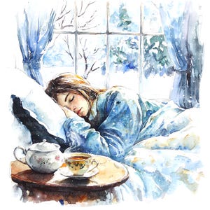 10 Clipart di donne malate, donne addormentate a letto, clipart di acquerelli stampabili, JPG di alta qualità, download digitale, sublimazione, diari spazzatura