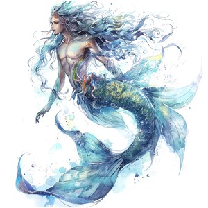 May include: A watercolor painting of a blue and green mermaid with long flowing hair. The mermaid has a human torso and a fish tail. The tail is detailed with scales and fins. The painting is set against a white background.