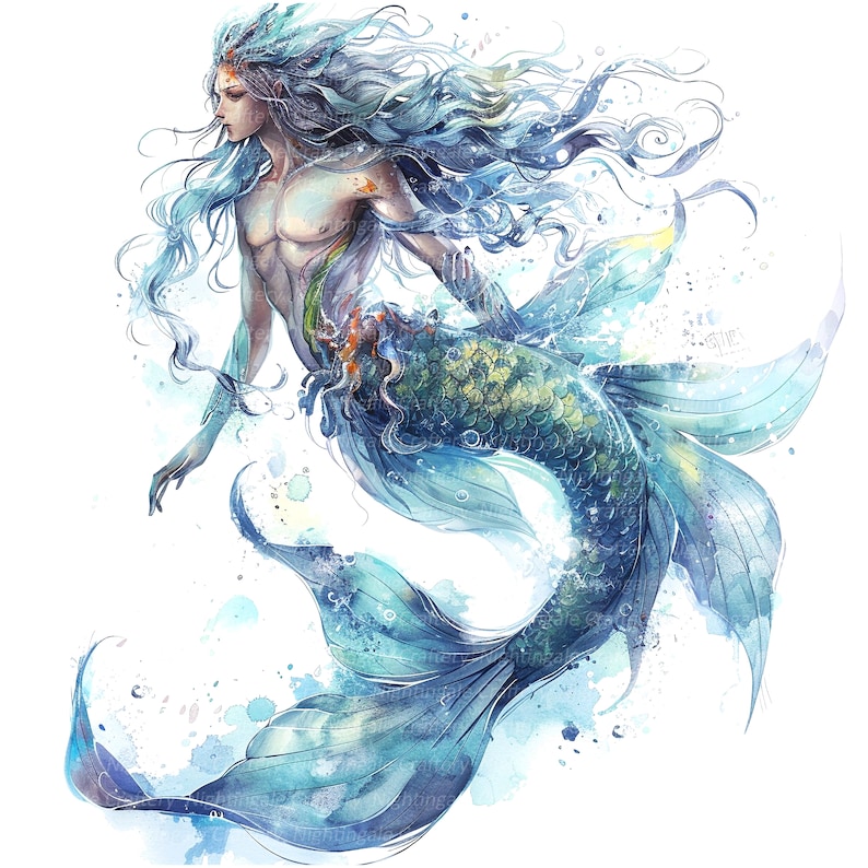 May include: A watercolor painting of a blue and green mermaid with long flowing hair. The mermaid has a human torso and a fish tail. The tail is detailed with scales and fins. The painting is set against a white background.