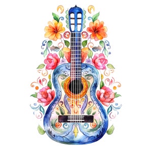 10 bloemen gitaar clipart, Mexicaanse Fiesta, afdrukbare aquarel clipart, hoge kwaliteit jpg's, digitale download, Paper Craft, ongewenste tijdschriften