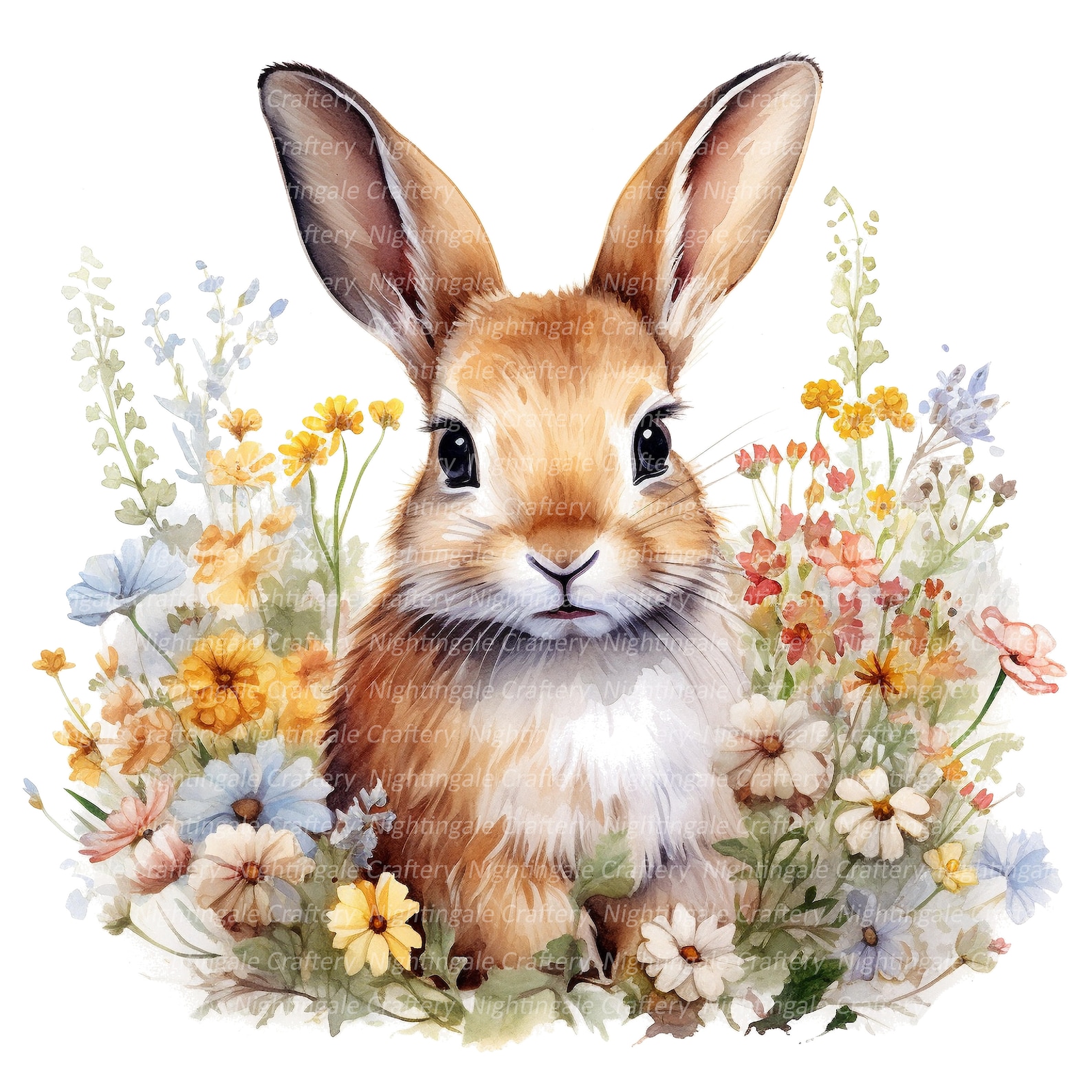 Cute Floral Bunny Clipart, Printable Watercolor Clipart, 12 High ...