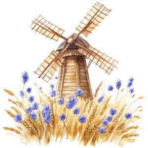10 cliparts paysage moulin à vent, clipart moulin, clipart aquarelle imprimable, fichiers JPG de haute qualité, téléchargement numérique, créations en papier, journaux indésirables