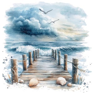 May include: A wooden pier extends out over a stormy blue ocean with white capped waves. The sky is a mix of blue and gray with a few white clouds. There are two seagulls flying in the sky. There are three seashells on the wooden planks of the pier.