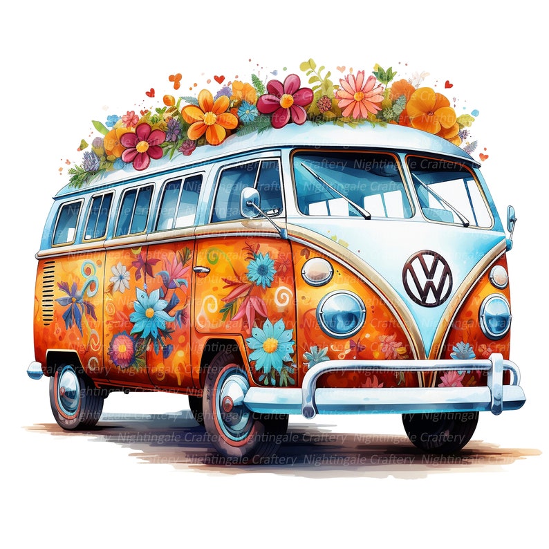 10 Floral Hippie Bus Clipart, Hippie Van, Printable Watercolor clipart, High Quality JPGs, Digital download, High Resolution, Paper craft image 4