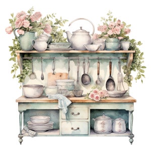 vintage floral kitchen scene clipart set graphic by... 14 Vintage Floral Kitchen Clipart, Shabby Chic, Printable Watercolor ...