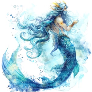 May include: A watercolor painting of a blue and gold merman with a long beard and flowing hair. He has a fish tail and is surrounded by blue and white watercolor splatter.