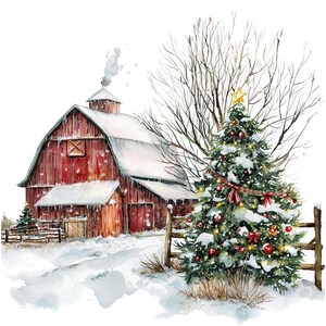 以下が含まれることがあります： 雪の降るクリスマスのシーンを描いた水彩画。雪に覆われた屋根の赤い納屋と、赤いオーナメントと金の星で飾られたクリスマスツリー。木製のフェンスと裸の木の枝も見える。