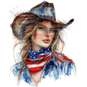 11 USA Cowgirl Clipart, USA Flag, Printable Watercolor clipart, High Quality JPG/PNGs, Digital download, Paper craft, junk journals