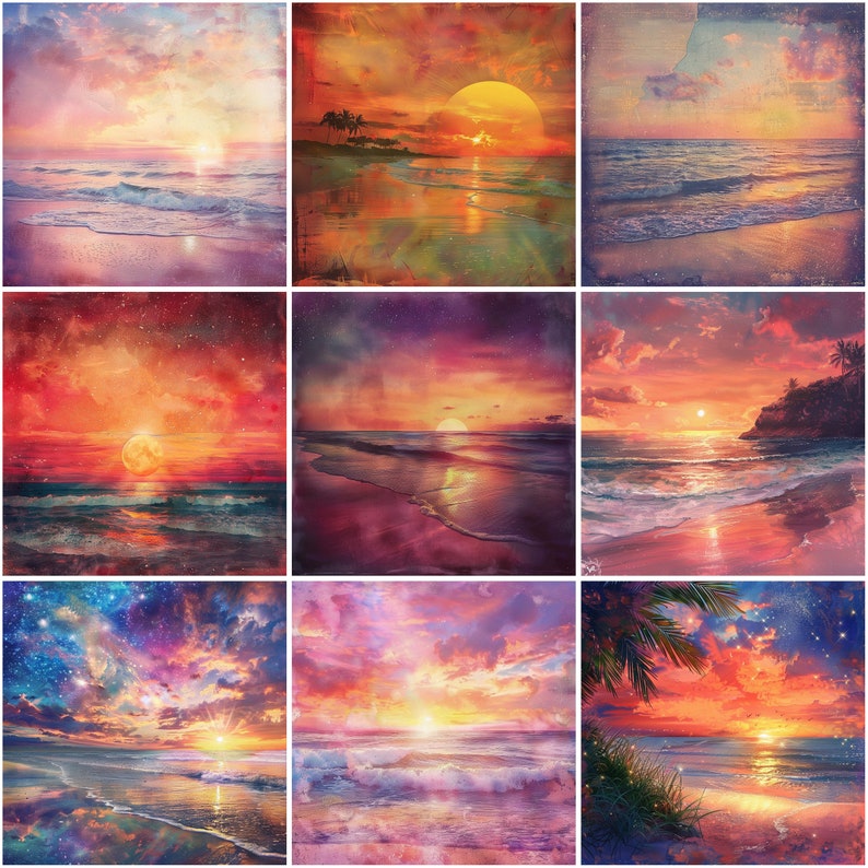 Puede incluir: Nueve pinturas digitales de puestas de sol coloridas sobre el oc&eacute;ano. Cada pintura presenta un color de cielo y agua diferente, con un sol poni&eacute;ndose en la distancia. Las pinturas est&aacute;n dispuestas en una cuadr&iacute;cula de 3x3.