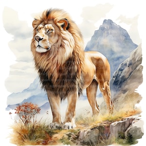 9 Leão no penhasco Clipart, Leão em aquarela, Clipart em aquarela para impressão, PNGs de alta qualidade, Download digital, Leão PNG, Artesanato em papel, Adesivo