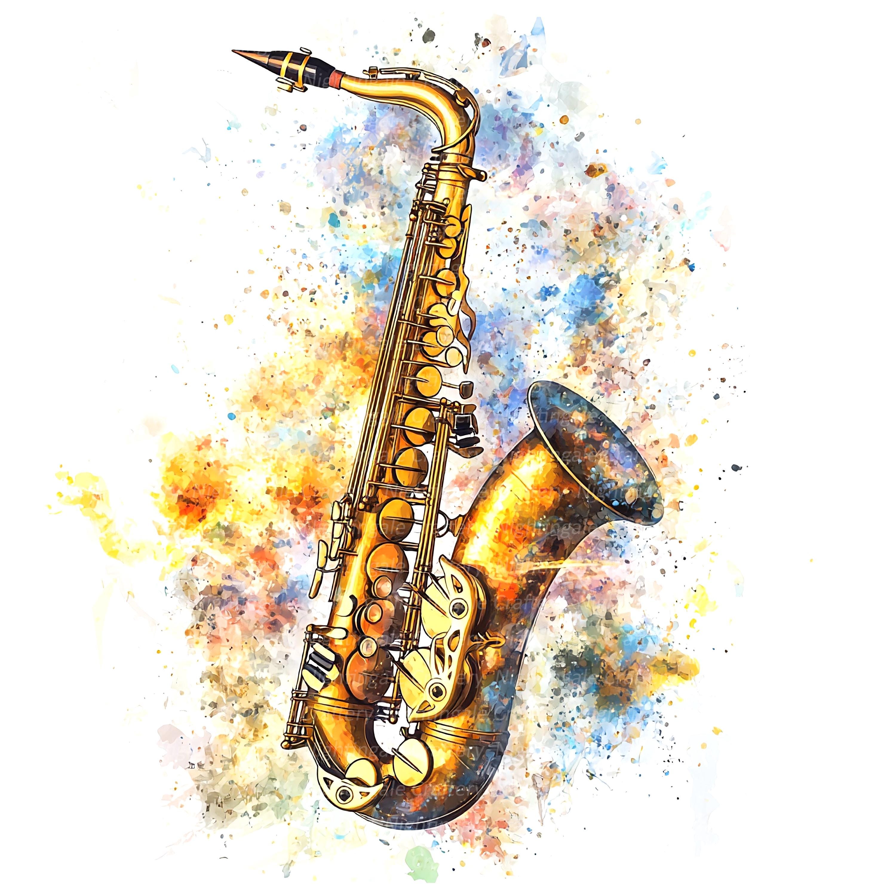9 Floral Saxophone Clipart, Watercolor Saxophone, Printable