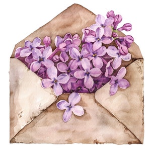 11 Lila en imágenes prediseñadas de sobre, sobre floral, imágenes prediseñadas de acuarela imprimibles, JPG de alta calidad, descarga digital, artesanía de papel, diario