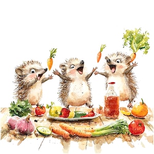 12 Cute Hedgehog Clipart, Vegetais, Outono, Clipart de aquarela para impressão, PNGs de alta qualidade, Download digital, Artesanato em papel, diários de lixo