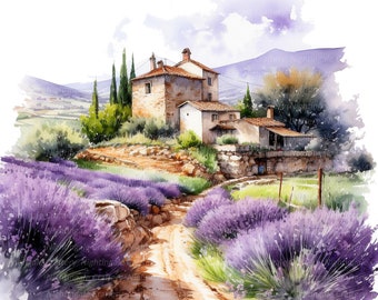 12 Provence France Landscape Clipart, Printable Watercolor clipart, High Quality JPGs, Digital download, High Resolution, Paper craft