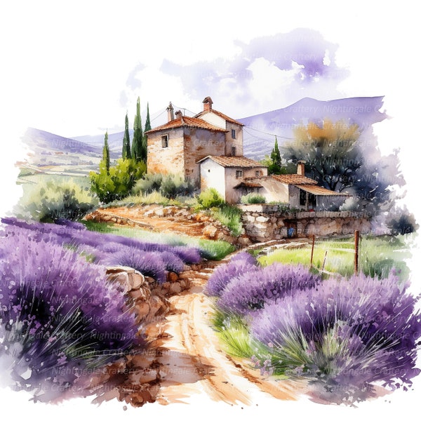 12 cliparts paysage Provence France, clipart aquarelle imprimable, fichiers JPG de haute qualité, téléchargement numérique, haute résolution, créations en papier