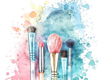May include: A set of five makeup brushes with a watercolor background. The brushes are arranged vertically and include a blush brush, a foundation brush, a powder brush, and two eye brushes. The brushes are all different sizes and shapes.