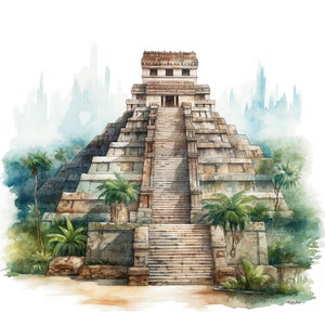 12 Aztec Temple Clipart, Aztec Pyramid, Printable Watercolor Clipart ...
