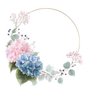 Peut inclure: Couronne florale à l'aquarelle avec des hortensias roses et bleus, du gypsophile rose et des feuilles vertes. Un cadre circulaire doré entoure les fleurs, créant un design botanique pour invitations ou décoration.