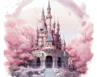 9 Princess Castle Clipart, Castle in Clouds, Printable Watercolor clipart, High Quality JPGs, Digital download, Paper craft, Junk Journals
