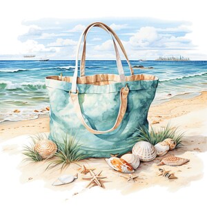 May include: A teal blue tote bag with brown leather handles sits on a sandy beach with seashells scattered around it. The bag is made of canvas and has a light brown lining. The beach is empty and the ocean is in the background.