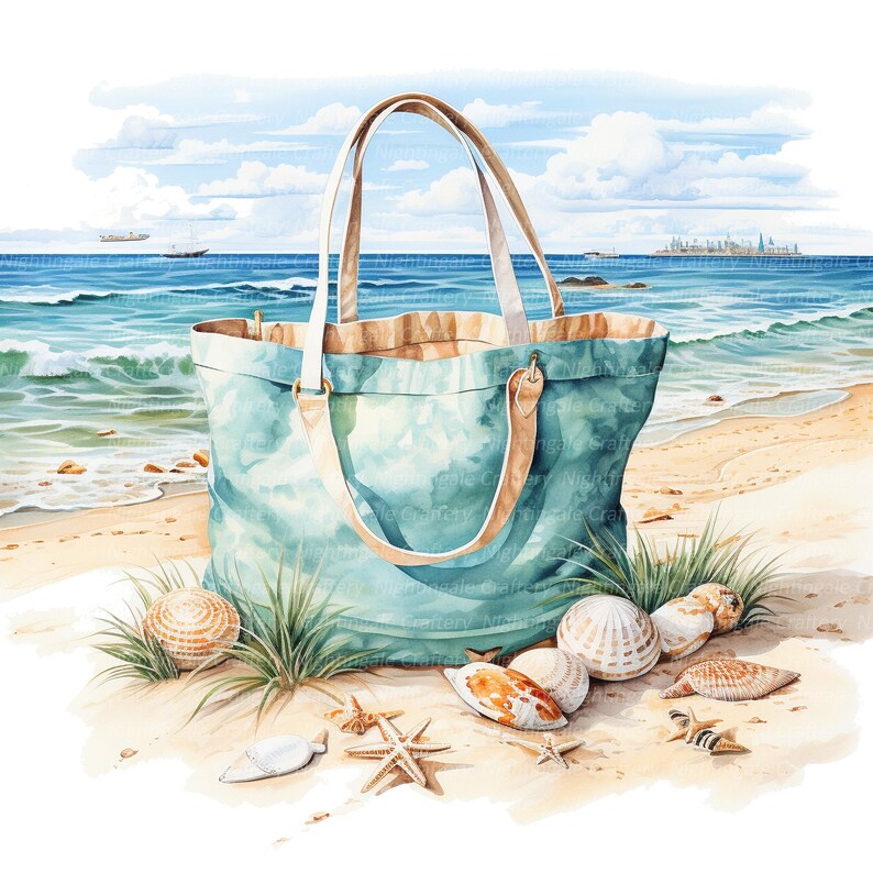May include: A teal blue tote bag with brown leather handles sits on a sandy beach with seashells scattered around it. The bag is made of canvas and has a light brown lining. The beach is empty and the ocean is in the background.