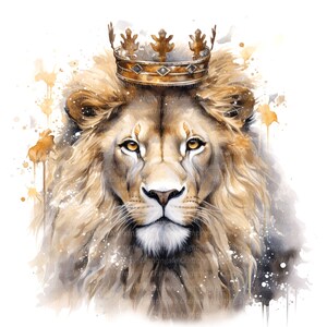 May include: A watercolor painting of a lion's face with a gold crown on its head. The lion has a serious expression and its fur is a light brown color. The background is a white watercolor wash with splashes of gold.