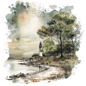 May include: A watercolor painting of a lighthouse on a rocky shore with trees in the foreground. The sky is a soft blue with white clouds. The lighthouse is white with a black roof and a black lantern. The trees are green and brown. The water is a light blue.