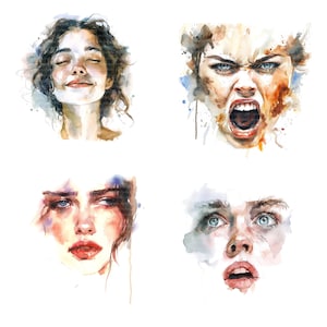 20 imágenes prediseñadas de emociones de mujer, imágenes prediseñadas de rostro de mujer, imágenes prediseñadas de acuarela imprimibles, JPG de alta calidad, descarga digital, artesanía de papel, diarios basura