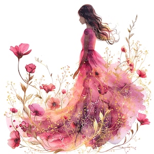 8 Pinky bloemen vrouw clipart, roze bloemen, afdrukbare aquarel clipart, hoge kwaliteit png's, digitale download, ongewenste tijdschriften, papier ambachten