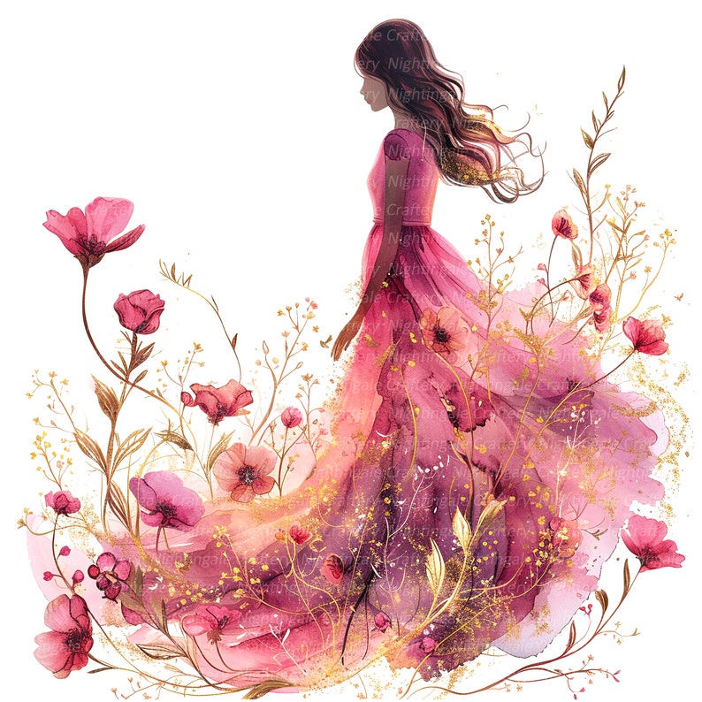 K&ouml;nnte beinhalten: Ein Aquarellbild einer Frau in einem rosa Kleid, die durch ein Feld mit rosa Blumen geht. Die Blumen sind von goldenem Glitzer umgeben und das Kleid der Frau weht im Wind.