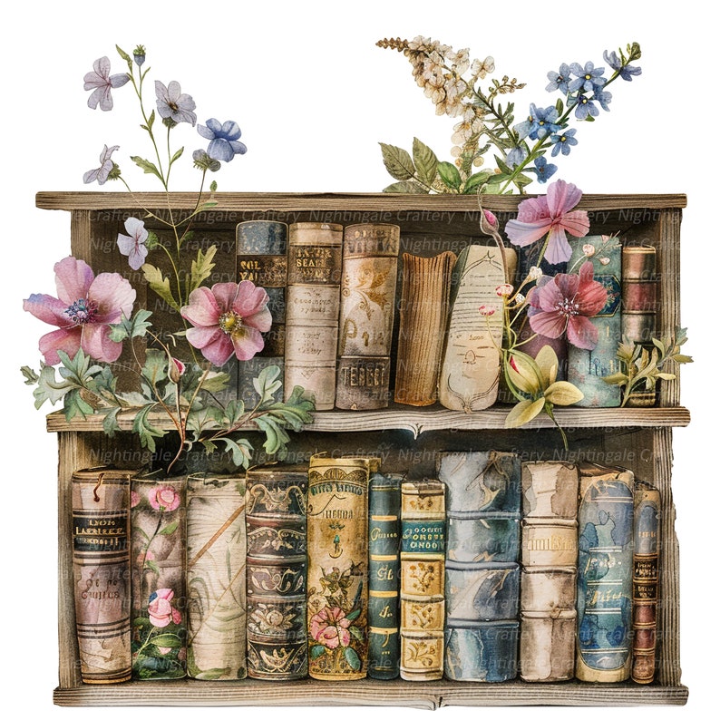 May include: A vintage wooden bookshelf with two shelves filled with antique books. The books have floral and patterned covers. Delicate pink and blue flowers with green leaves are arranged on the shelves.