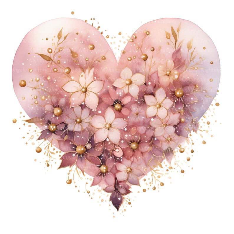 14 PNG Pink Gold Hearts Clipart, Floral Heart Clipart, Digital Clipart ...