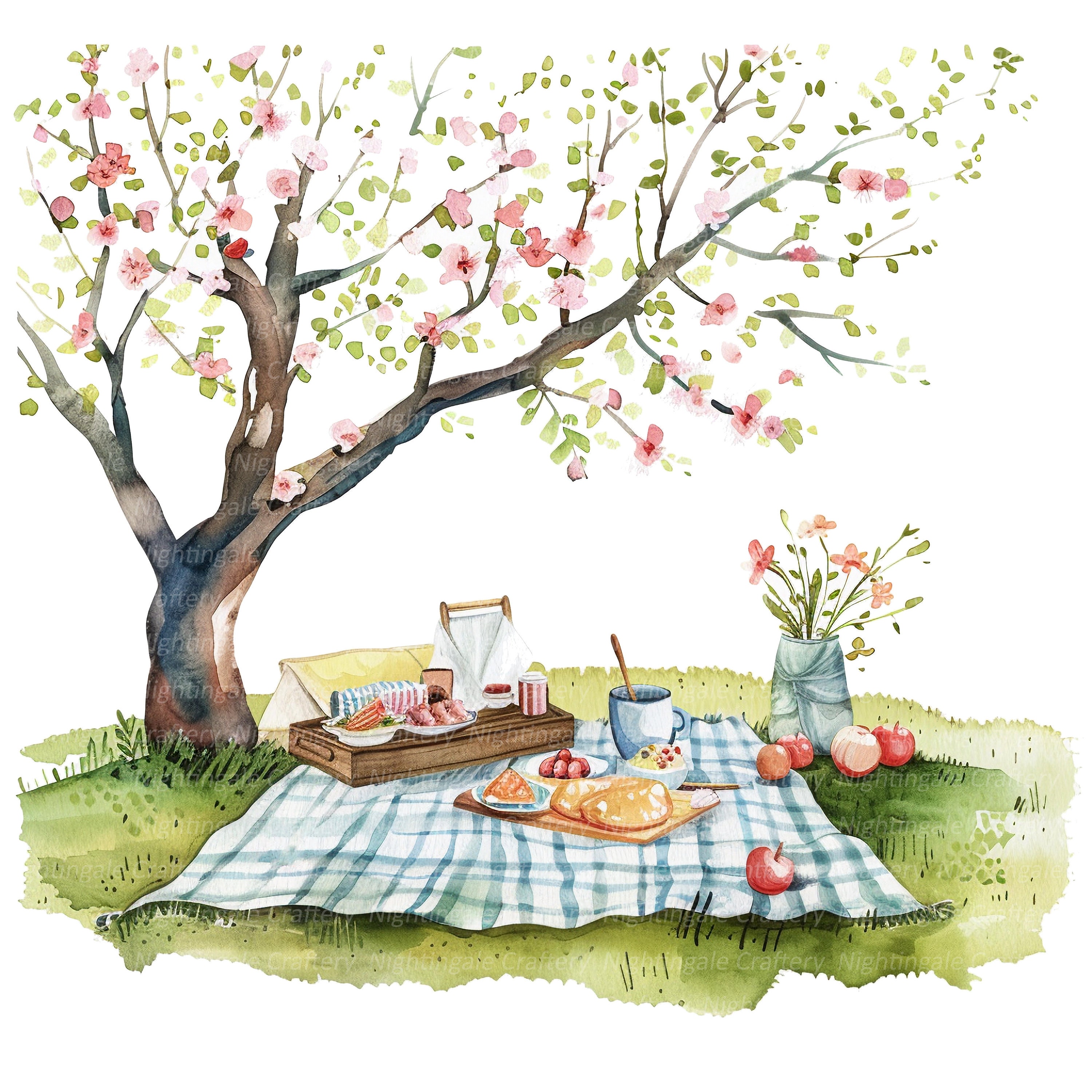 Spring Picnic Graphics 11 Spring Picnic Clipart, Picnic in Park, Printable Watercolor Clipart ...