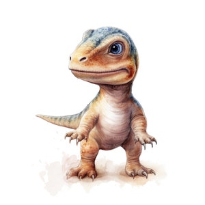 K&ouml;nnte beinhalten: Ein Aquarellbild eines Cartoon-Dinosauriers in Blau, Braun und Gelb. Der Dinosaurier steht auf seinen Hinterbeinen, die Vorderbeine sind ausgestreckt. Der Dinosaurier hat einen gro&szlig;en Kopf mit einem breiten Maul und einer kleinen, spitzen Schnauze. Die Augen des Dinosauriers sind gro&szlig; und blau.