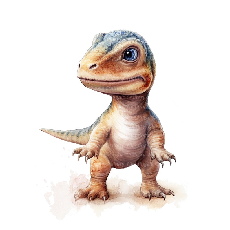 K&ouml;nnte beinhalten: Ein Aquarellbild eines Cartoon-Dinosauriers in Blau, Braun und Gelb. Der Dinosaurier steht auf seinen Hinterbeinen, die Vorderbeine sind ausgestreckt. Der Dinosaurier hat einen gro&szlig;en Kopf mit einem breiten Maul und einer kleinen, spitzen Schnauze. Die Augen des Dinosauriers sind gro&szlig; und blau.